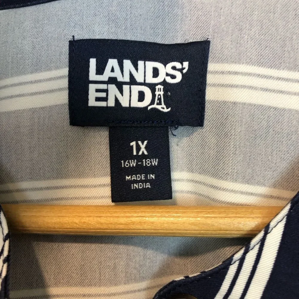 Lands End Women's Plus Size Rayon Short Sleeve Button Front Dress Striped Sz 1X